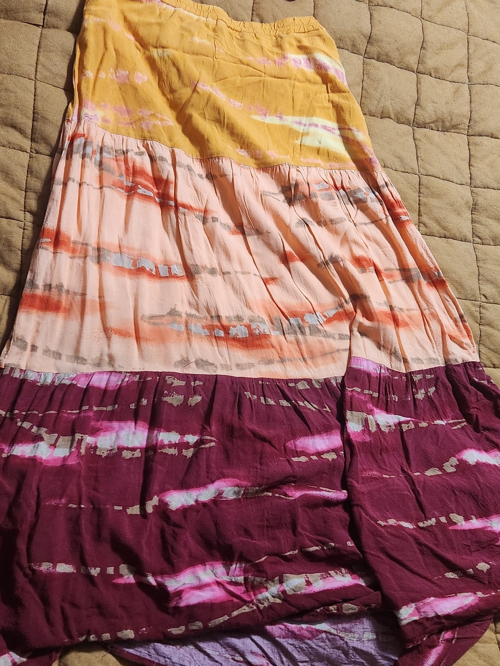 Cato Colorblock Tie-Dye Tiered Maxi Skirt - Yellow, Peach & Plum